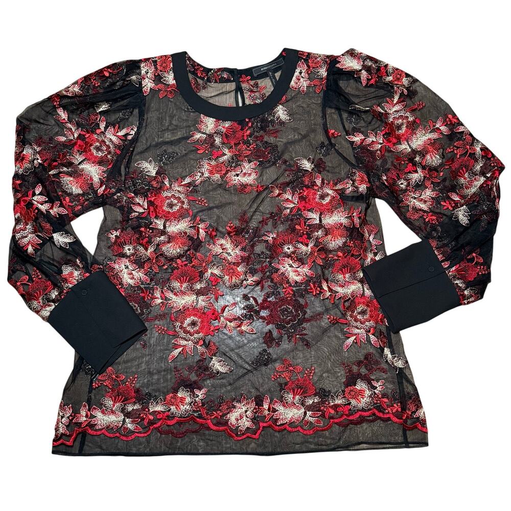 BCBGMAXAZRIA Black Sheer Mesh Floral Embroidered Blouse Top Chinoiserie large